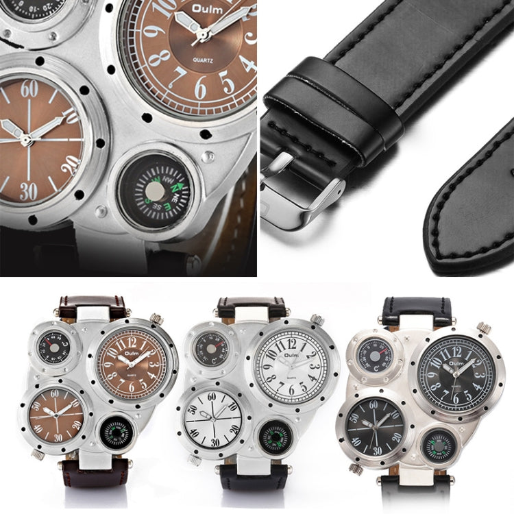 Oulm 9415 Double Time Zone Men Belt Watch Big Dial Compass Quartz Watch