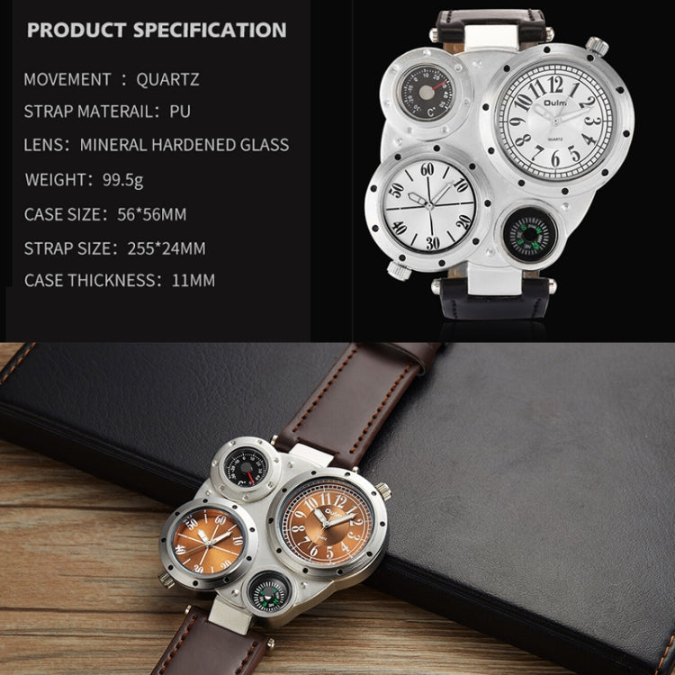 Oulm 9415 Double Time Zone Men Belt Watch Big Dial Compass Quartz Watch