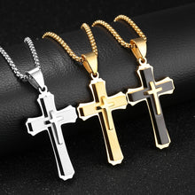 Load image into Gallery viewer, 1213 Three Layer Cross Necklace Titanium Steel Men Necklace, Steel Color Pendant+3x55cm Pearl Chain, Black Pendant+3x55cm Pearl Chain, Gold Pendant+3x55cm Pearl Chain, Steel Color Single Pendant, Black Single Pendant, Gold Single Pendant