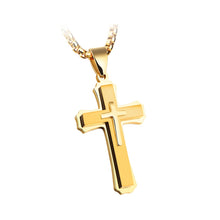 Load image into Gallery viewer, 1213 Three Layer Cross Necklace Titanium Steel Men Necklace, Steel Color Pendant+3x55cm Pearl Chain, Black Pendant+3x55cm Pearl Chain, Gold Pendant+3x55cm Pearl Chain, Steel Color Single Pendant, Black Single Pendant, Gold Single Pendant