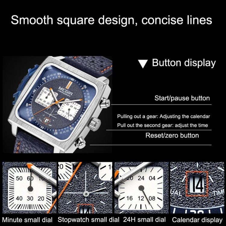 MEGIR 2182 Men Business Chronograph Calendar Waterproof Luminous Watch Square Quartz Watch