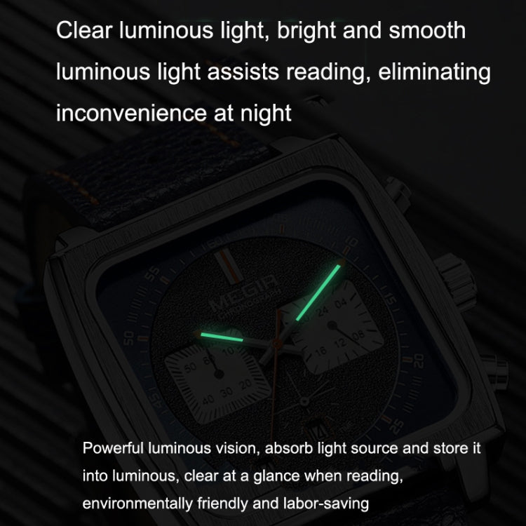 MEGIR 2182 Men Business Chronograph Calendar Waterproof Luminous Watch Square Quartz Watch