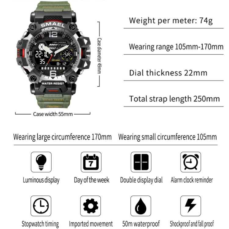 SMAEL 8072 Alloy Outdoor Multifunctional Electronic Watch Men Dual Display Waterproof Watch