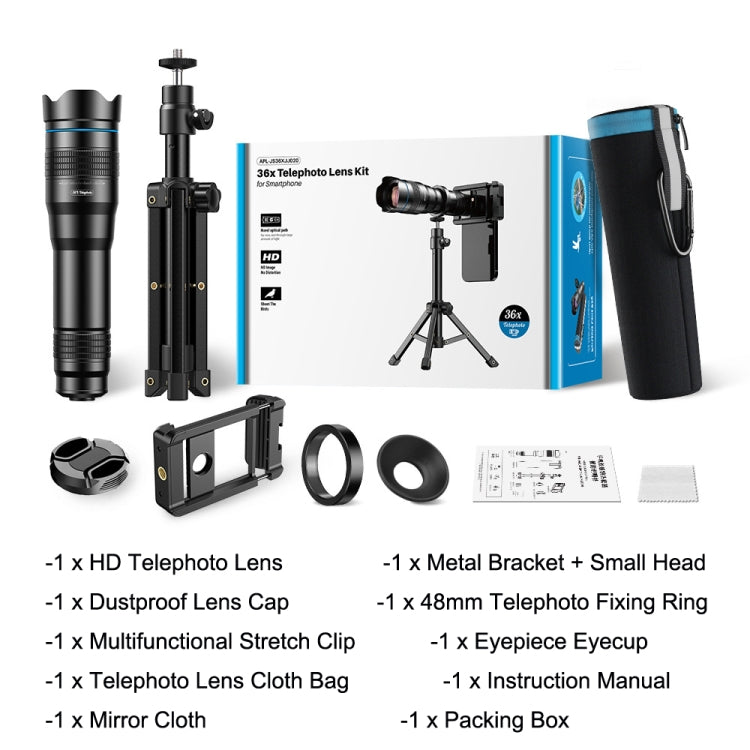 Apexel APL-36XJJ020 36X HD Telescope Universal Telephoto Phone Lens + Clip + Tripod Set