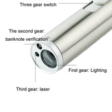 Load image into Gallery viewer, 3 in 1 USB Rechargeable Flashlight Infrared Laser Pen Currency Detector Lamp, Silver