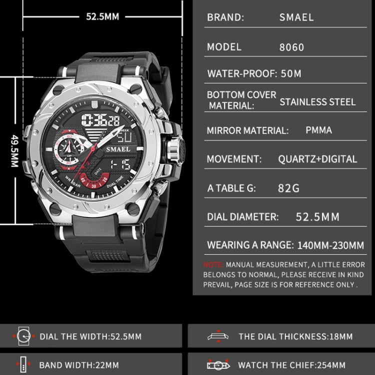 SMAEL 8060 Waterproof Sports Alloy Men Watch Luminous Display HD Mirror Watch