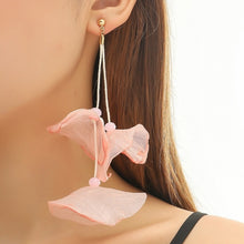 Load image into Gallery viewer, Long Exaggerated Fabric Art Handmade Petal Earrings, E1908-21 Blue, E1908-22 Yellow, E1908-23 Red, E1908-24 Pink, E1908-25 Black, E1908-26 White, E1908-27 Blue, E1908-28 Red, E1908-29 Black, E1908-30 Yellow, E1908-31 Pink, E1908-32 White, E1908-33 Blac...