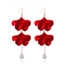 Load image into Gallery viewer, Long Exaggerated Fabric Art Handmade Petal Earrings, E1908-21 Blue, E1908-22 Yellow, E1908-23 Red, E1908-24 Pink, E1908-25 Black, E1908-26 White, E1908-27 Blue, E1908-28 Red, E1908-29 Black, E1908-30 Yellow, E1908-31 Pink, E1908-32 White, E1908-33 Blac...
