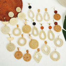 Load image into Gallery viewer, Bamboo Vine Handmade Woven Earrings Bosomia Style Earrings, E2002-1 Ear Hook Circle, E2002-2 Black Frame, E2002-3 Yellow Frame, E2002-4 Blue Frame, E2002-5 Knock Pattern Circle, E2002-6 Knock Pattern Deep Cake, E2002-7 Knock Pattern Water Drop         ...