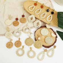 Load image into Gallery viewer, Bamboo Vine Handmade Woven Earrings Bosomia Style Earrings, E2002-1 Ear Hook Circle, E2002-2 Black Frame, E2002-3 Yellow Frame, E2002-4 Blue Frame, E2002-5 Knock Pattern Circle, E2002-6 Knock Pattern Deep Cake, E2002-7 Knock Pattern Water Drop         ...
