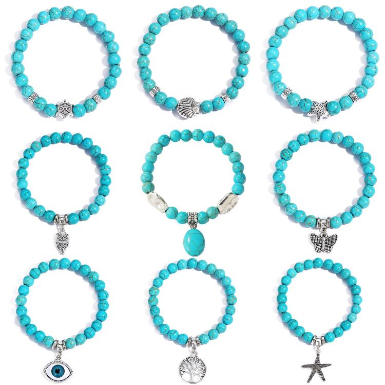 Women Beaded Bracelet Turquoise Ethnic Style Charm Jewelry, S2208-2 Owl, S2208-3 Butterfly, S2208-4 Sea Star, S2208-5 Life Tree, S2203-12 Cross, S2203-13 Turquoise Pendant, S2212-1 Eyes, S2303-1, S2303-2 Turtles, S2303-3 Cross, S2203-11