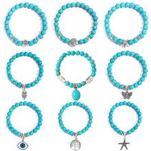 Load image into Gallery viewer, Women Beaded Bracelet Turquoise Ethnic Style Charm Jewelry, S2208-2 Owl, S2208-3 Butterfly, S2208-4 Sea Star, S2208-5 Life Tree, S2203-12 Cross, S2203-13 Turquoise Pendant, S2212-1 Eyes, S2303-1, S2303-2 Turtles, S2303-3 Cross, S2203-11