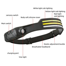 Load image into Gallery viewer, USB Rechargeable Motion Sensor Headlamp COB Outdoor Fishing Flashlight, W689-1 Red+White Light, W689-2 White+Warm Light, W689-3 Red White Warm, W689-2 White Light, W689-3 White Light