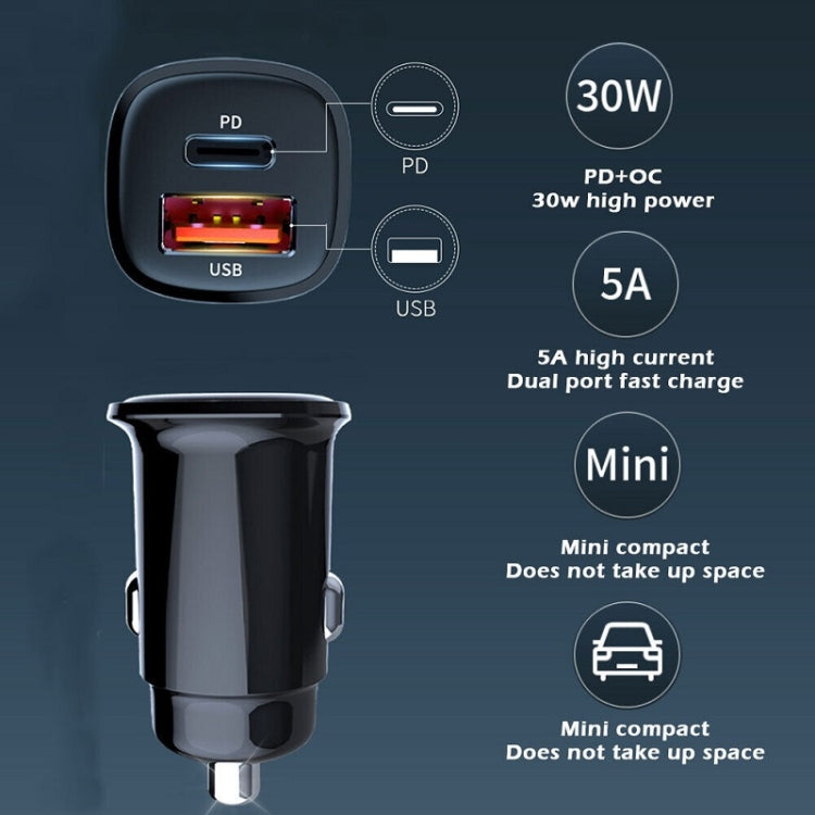 PD 30W Dual Port USB Super Fast Charge Car Charger, 30W Black