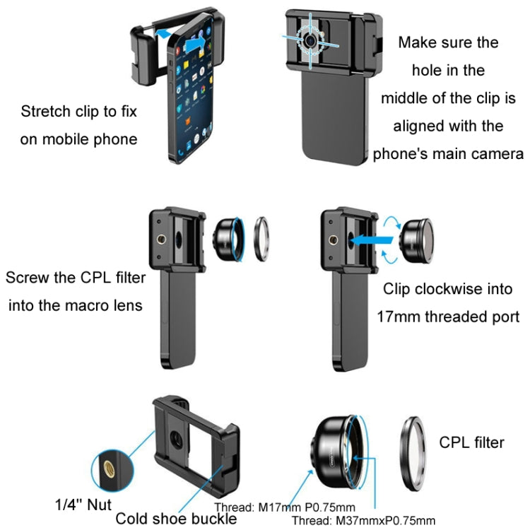 APEXEL CM-HB100CPL HB100mm HD External Macro Mobile Phone Lens with CPL