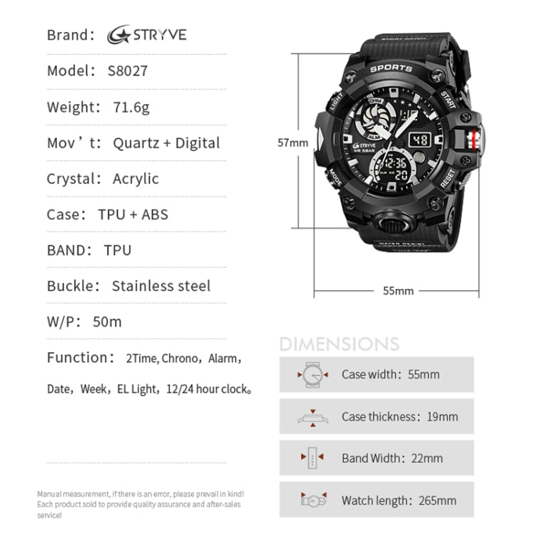 STRYVE S8027 Sports Multifunctional Luminous Dual Display Chronograph Student Watch
