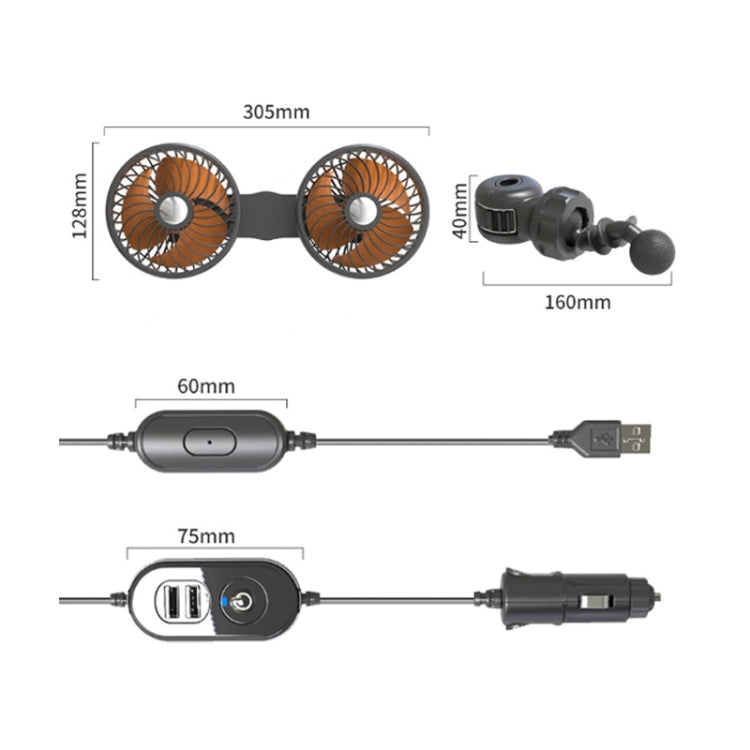 F6207 Car Rear Seat Zip Lock USB Double Head Fan, USB, Cigarette Lighter with USB