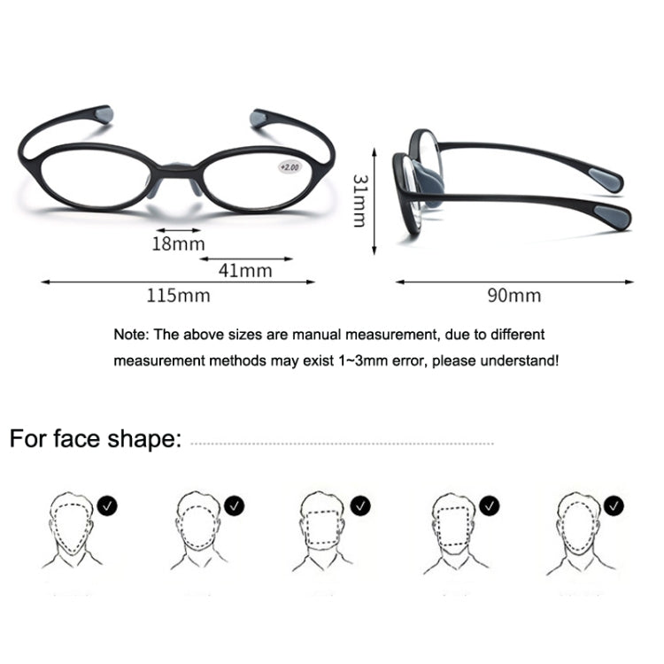 Portable Magnifying Glass Presbyopic Glasses Silicone Anti-Blue Light Reading Glasses, Degree: