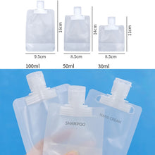 Load image into Gallery viewer, 20pcs Travel Refillable Empty Squeeze Pouch Lotion Shampoo Squeezable Bags, 30ml, 50ml, 100ml