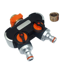 Load image into Gallery viewer, Garden Irrigation And Watering One Pass Two Faucet Water Divider, With Plastic Adapter, With Copper Adapter, With Thread European Connector, With Thread European Connector+Plastic Nipple Connector