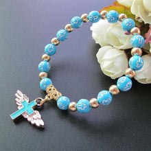 Load image into Gallery viewer, Gold Stamped Acrylic Angel Cross Bead Bracelet, Blue, White, Pink, Silver