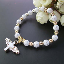 Load image into Gallery viewer, Gold Stamped Acrylic Angel Cross Bead Bracelet, Blue, White, Pink, Silver