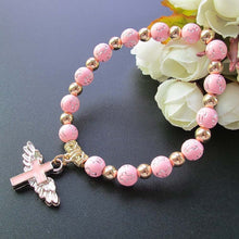 Load image into Gallery viewer, Gold Stamped Acrylic Angel Cross Bead Bracelet, Blue, White, Pink, Silver