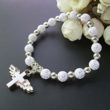 Load image into Gallery viewer, Gold Stamped Acrylic Angel Cross Bead Bracelet, Blue, White, Pink, Silver