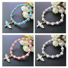 Load image into Gallery viewer, Gold Stamped Acrylic Angel Cross Bead Bracelet, Blue, White, Pink, Silver