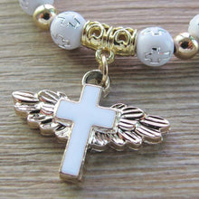 Load image into Gallery viewer, Gold Stamped Acrylic Angel Cross Bead Bracelet, Blue, White, Pink, Silver