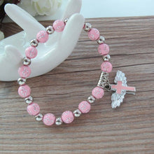 Load image into Gallery viewer, Gold Stamped Acrylic Angel Cross Bead Bracelet, Blue, White, Pink, Silver
