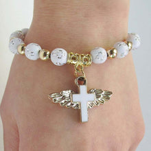 Load image into Gallery viewer, Gold Stamped Acrylic Angel Cross Bead Bracelet, Blue, White, Pink, Silver