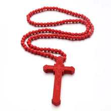 Load image into Gallery viewer, Cross Laser Engraved Wooden Bead Necklace, Red, Black, True Color, Brown