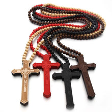 Load image into Gallery viewer, Cross Laser Engraved Wooden Bead Necklace, Red, Black, True Color, Brown