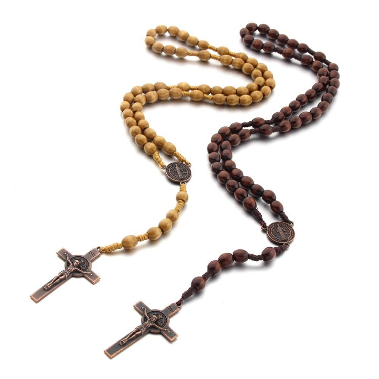 Wooden Beads Handmade Wire Vintage Cross Necklace, Light Coffee, Dark Coffee