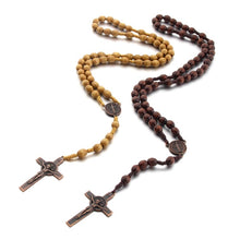 Load image into Gallery viewer, Wooden Beads Handmade Wire Vintage Cross Necklace, Light Coffee, Dark Coffee