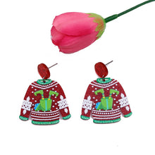 Load image into Gallery viewer, 1pair Sweater Christmas Earrings Cute Elk Snowman  Earstuds, Snowman Green, Old Man Green, Elk Red, Gift Box Red