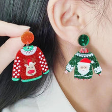 Load image into Gallery viewer, 1pair Sweater Christmas Earrings Cute Elk Snowman  Earstuds, Snowman Green, Old Man Green, Elk Red, Gift Box Red