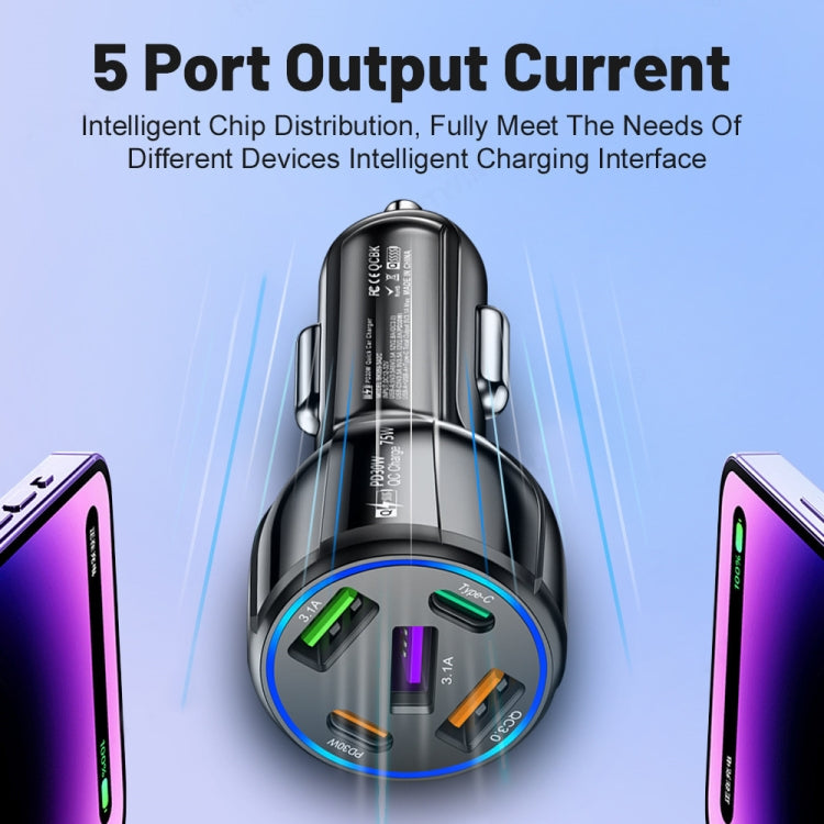3USB+2PD 75W Dual Line Car Mobile Phone Fast Charging Charger, Black, White