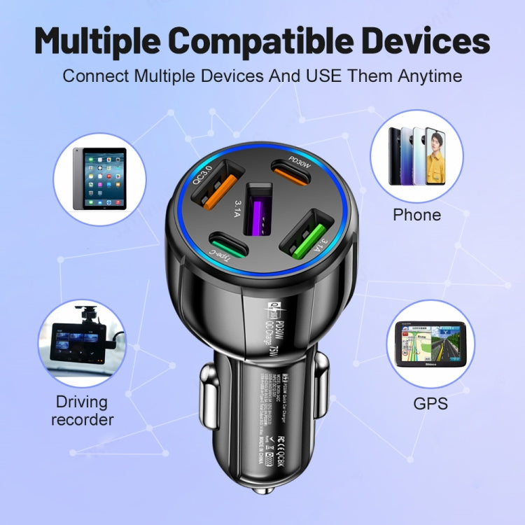 3USB+2PD 75W Dual Line Car Mobile Phone Fast Charging Charger, Black, White