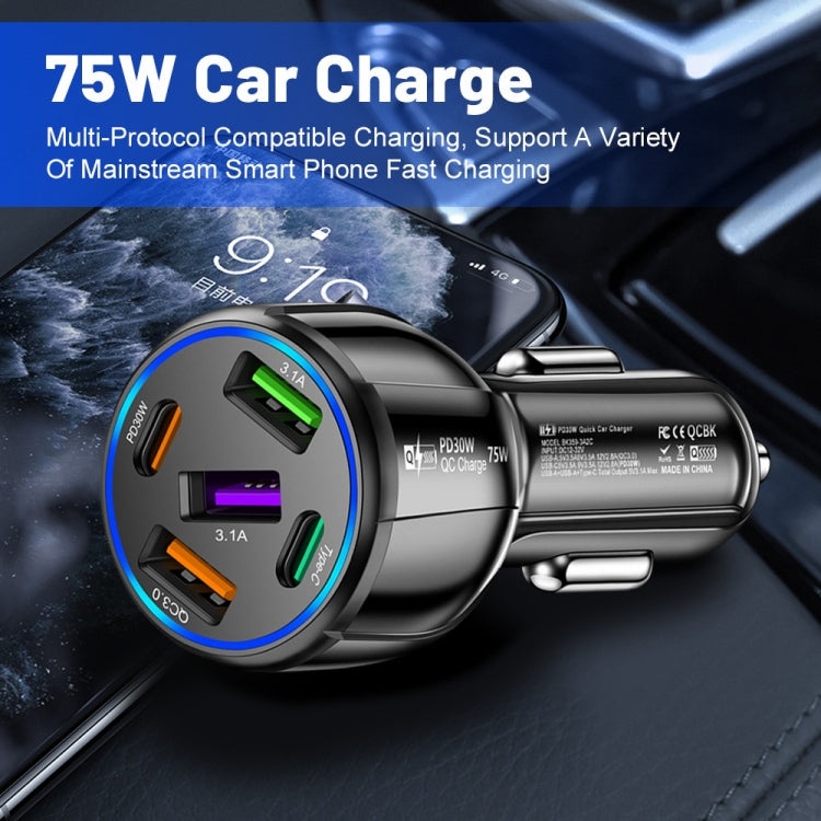 3USB+2PD 75W Dual Line Car Mobile Phone Fast Charging Charger, Black, White