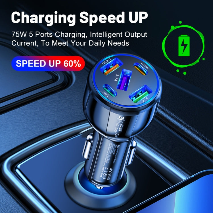 3USB+2PD 75W Dual Line Car Mobile Phone Fast Charging Charger, Black, White