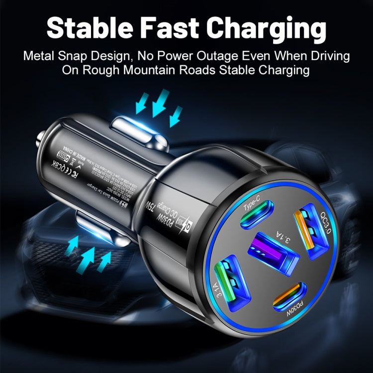 3USB+2PD 75W Dual Line Car Mobile Phone Fast Charging Charger, Black, White