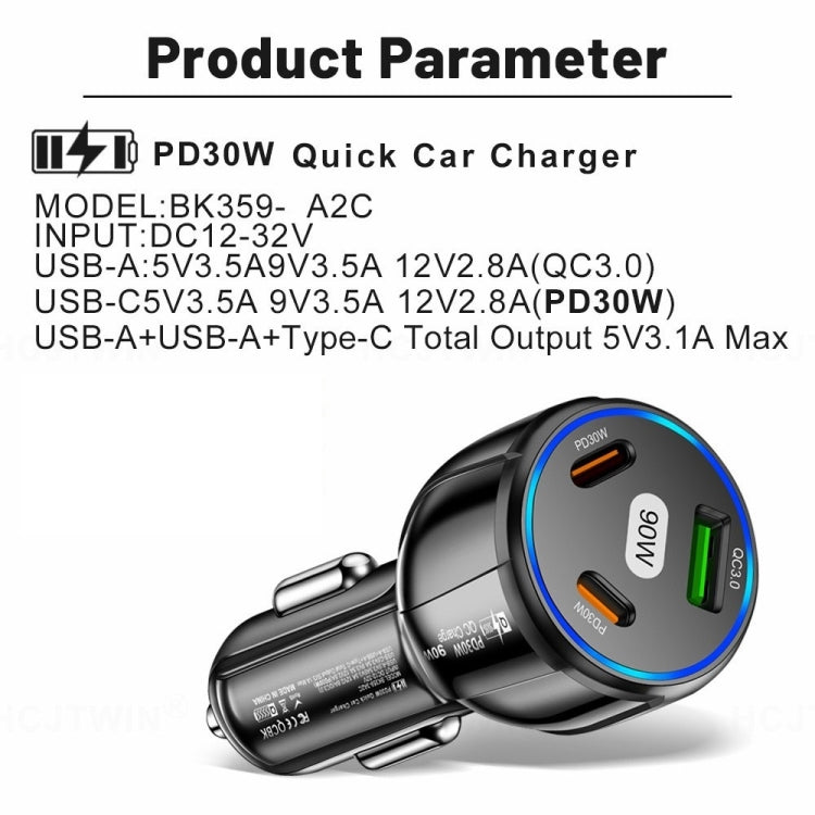 90W Super Fast Charging USB-C Car Charger Dual PD 30W+QC3.0 Charging Station, Black, White
