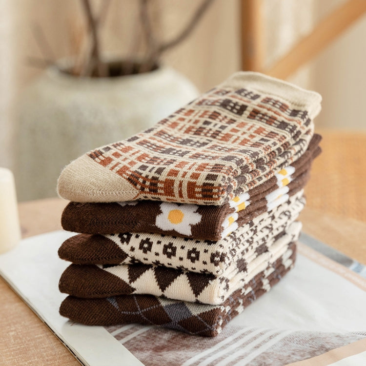 1pair Women Autumn and Winter Socks Brown Color Thick Retro Mid-calf Socks
