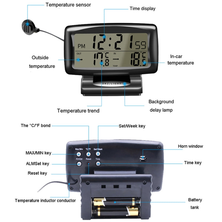 LCD Night Light Car Clock Automotive Electronics Inside And Outside Dual Thermometer, 2 in 1 Black