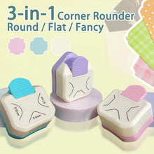 Load image into Gallery viewer, 3 In 1 Fancy Corner Cutter Multi-angle Corner Cutter Chamfering Embosser, Flat Corner (Pink), Beauty Corner (Purple), Round Corner (Green), Round Corner (Blue)