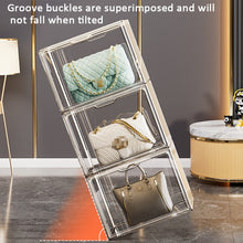 Load image into Gallery viewer, Stackable Transparent Storage Box Magnetic Suction Bookcase Handbag Display Rack, No Partitions, Single Partition, Double Partition, Three Partitions, Side Opening