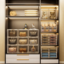 Load image into Gallery viewer, Stackable Transparent Storage Box Magnetic Suction Bookcase Handbag Display Rack, No Partitions, Single Partition, Double Partition, Three Partitions, Side Opening