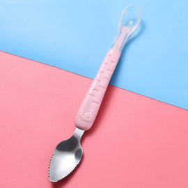 Baby Fruit Double-Ended Scraping Spoon 304 Stainless Steel Silicone Soft Spoon, Pink, Blue, Blue With Storage Box, Pink With Storage Box
